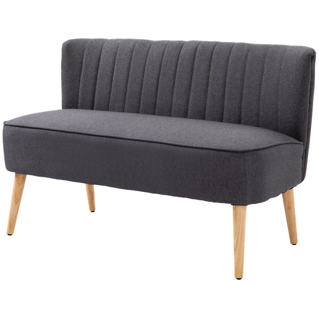 Divano 2 Posti in Tessuto Effetto Lino Senza Braccioli con Gambe in Legno, 117x56.5x77 cm, Grigio Scuro