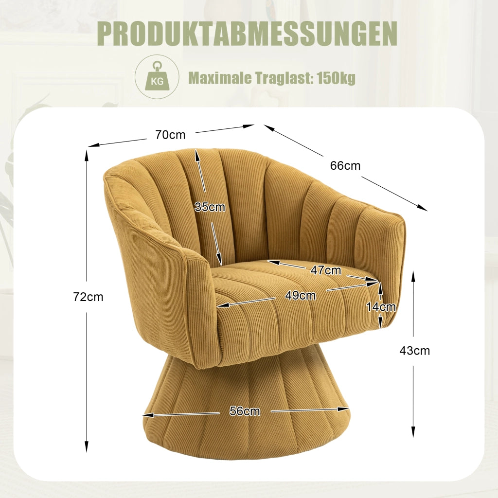 Poltrona girevole 360° imbottita in velluto a coste giallo senape; 70x66x72 cm