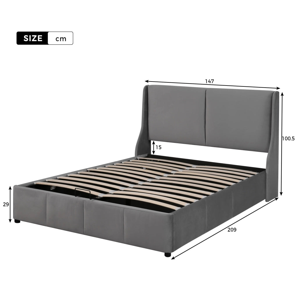 Letto imbottito 140x200 cm in velluto grigio con rete a doghe e contenitore sottoletto