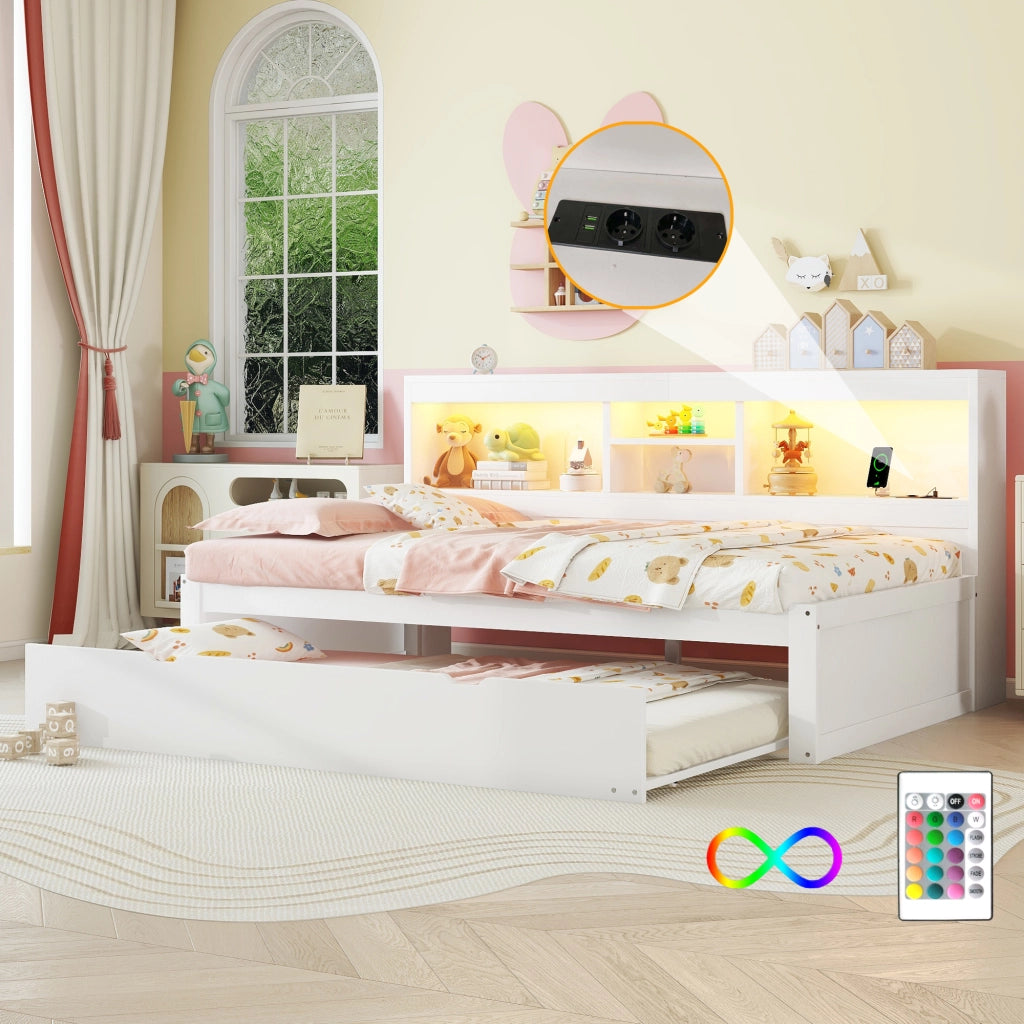 OKWISH Letto a Scomparsa 90×200 cm, Letto Singolo con Letto Estraibile, LED Regolabile e USB, Vano Laterale, senza Materasso, Bianco