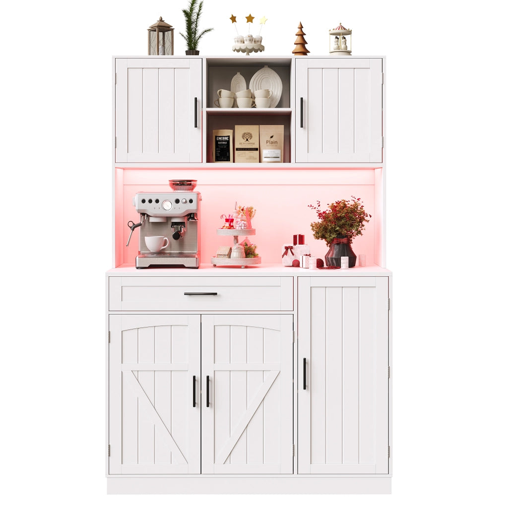 Credenza da Cucina Alta con 5 Ante; LED e Presa Multipla con USB; in MDF; 110 x 38 x 180 cm; Bianca