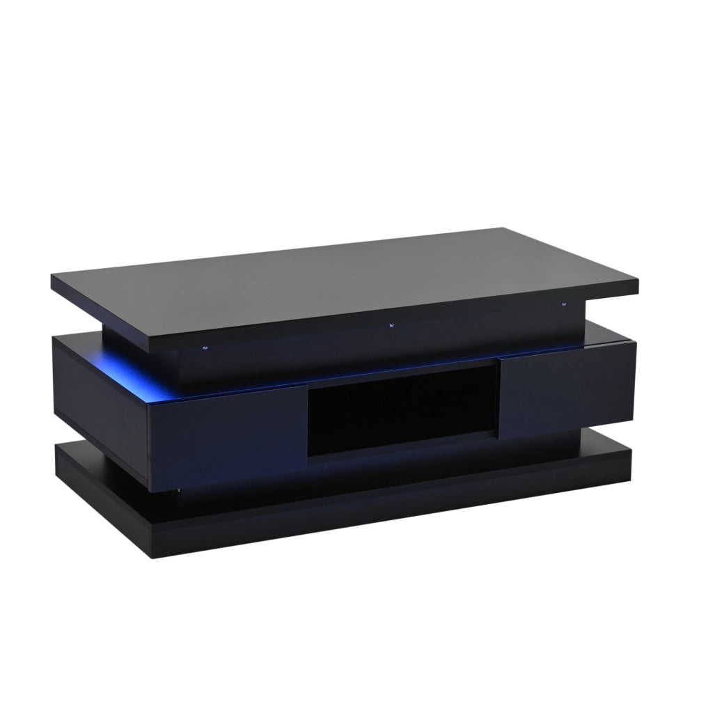 TAVOLINO DA CAFFÈ ALZABILE 100x50x40 cm NERO LUCIDO con LED e 2 cassetti