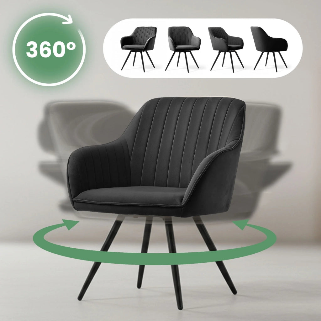 Set di 2 Sedie girevoli in velluto con cuciture TURNO Nero gambe nere