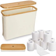 Contenitore per Cartucce di Carta Igienica da 28 Litri con Copertura in Bambù, Ripiegabile e Impermeabile, Contenitore per Carta Igienica per 12 Rulli, Organizzatore per la Stanza da Bagno con Grande Capacità, 43,5 x 14,5 x 35 cm (Beige)
