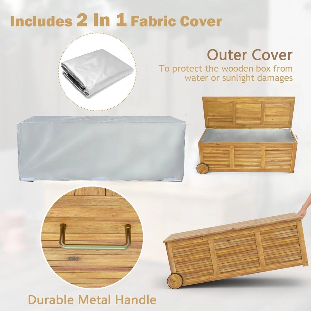 Baule da Giardino 182 L con Ruote e Maniglie, Contenitore da Esterno con Borsa Interna Resistente all'Acqua, Cassapanca Contenitore da Interno in Legno di Acacia, 127 x 50 x 45 cm