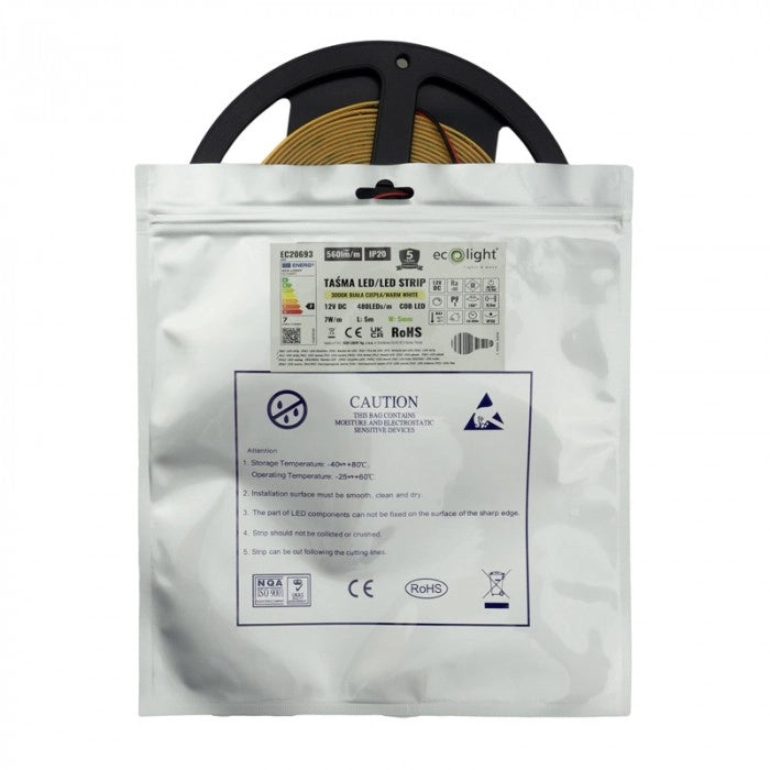 Striscia LED COB 480 7W/m 3000K IP20 12V 5m dimmerabile Ecolight