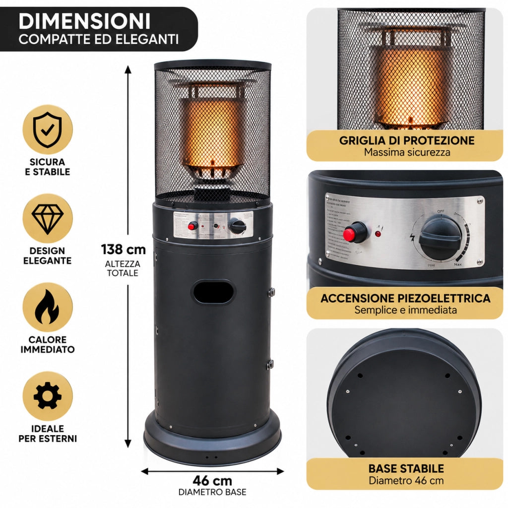 Stufa Patio Riscaldante da Esterno a Gas 13 kW con Ruote