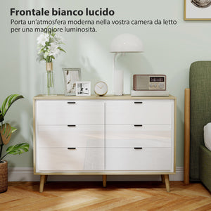 Cassettiera con 6 Cassetti 110x40x75 cm in Legno Bianco Lucido e Rovere