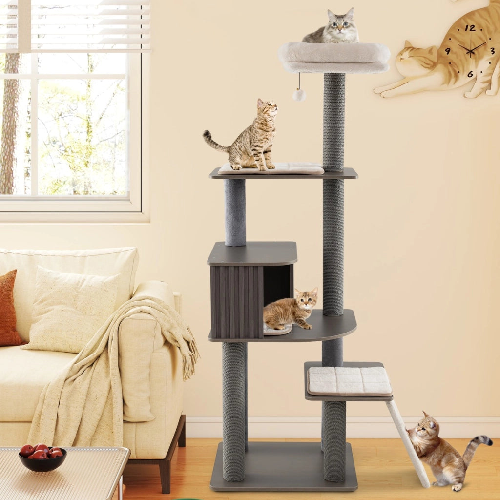 Torre per gatti con cuscino condominio per gatti tappetini staccabili in sisal-Albero per gatti alto 171 cm con pompom pendente Grigio