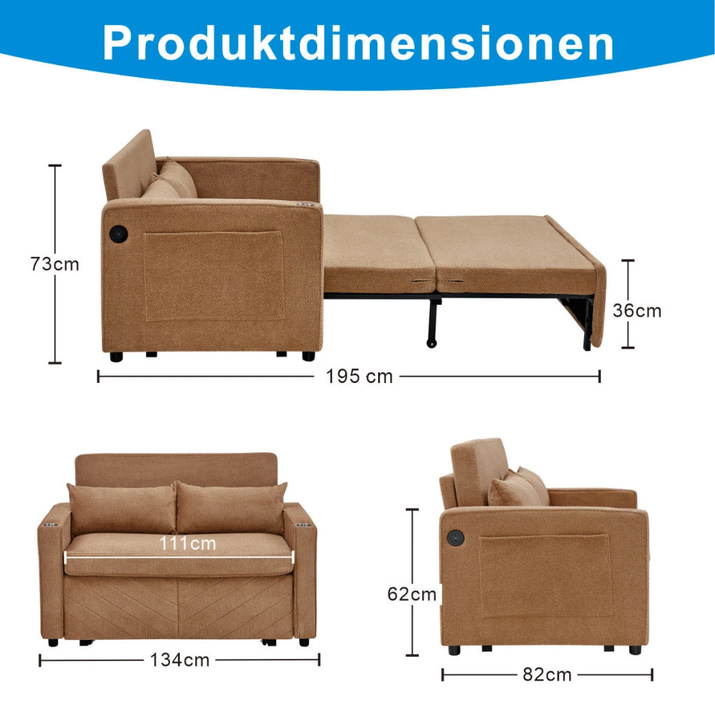 Divano letto 2 posti 195x134x73 cm in legno e tessuto arancione con USB
