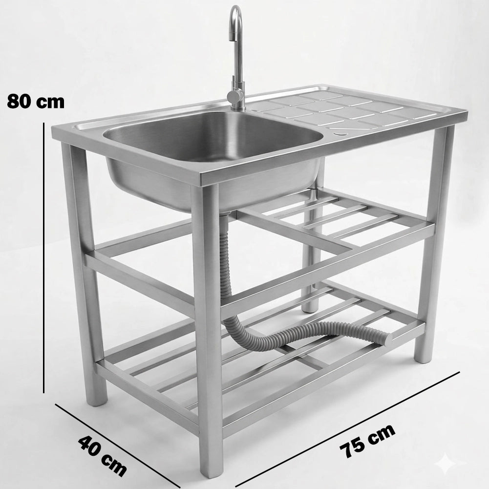 Lavello in Acciaio Inox Rubinetteria e Kit Sifone Ideale per Esterno 75x40x80cm
