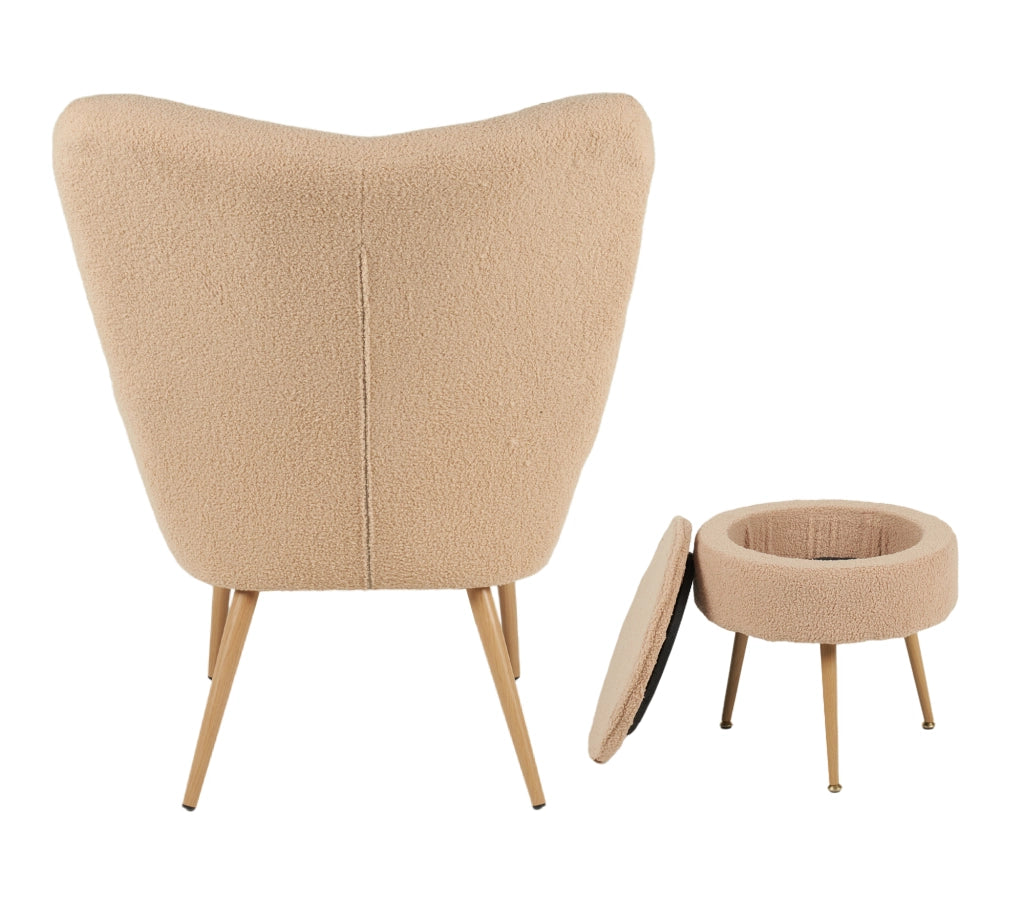 Poltrona Imbottita Ergonomica Con Schienale E Braccioli Con Poggiapiedi Contenitore Camera Da Letto Salotto Moderna Pouf Sedia Effetto Teddy Morbida - Biscotto