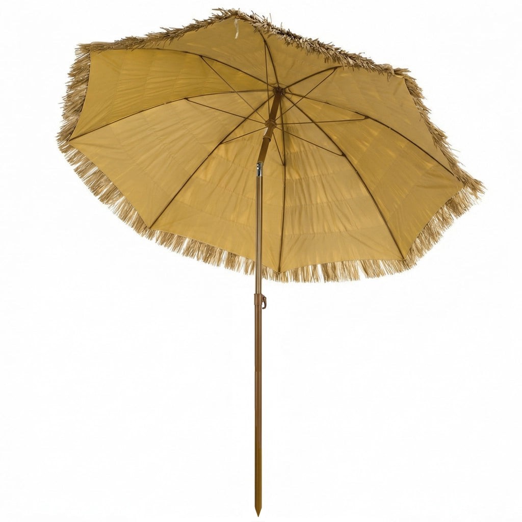 Ombrellone da spiaggia con frangia in paglia ¨C zephmum ¨C marrone chiaro, ?178 cm, regolabile in altezza, UV50+, con borsa