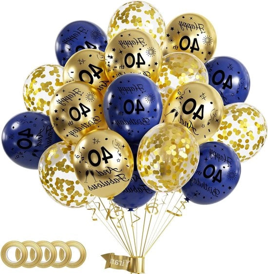 Decorazione di compleanno Premium - 40 anni - 15 pezzi - Blu Oro - Set di palloncini - Decorazione di festa - 30 cm - Per bambini adulti - Festa di compleanno accessori