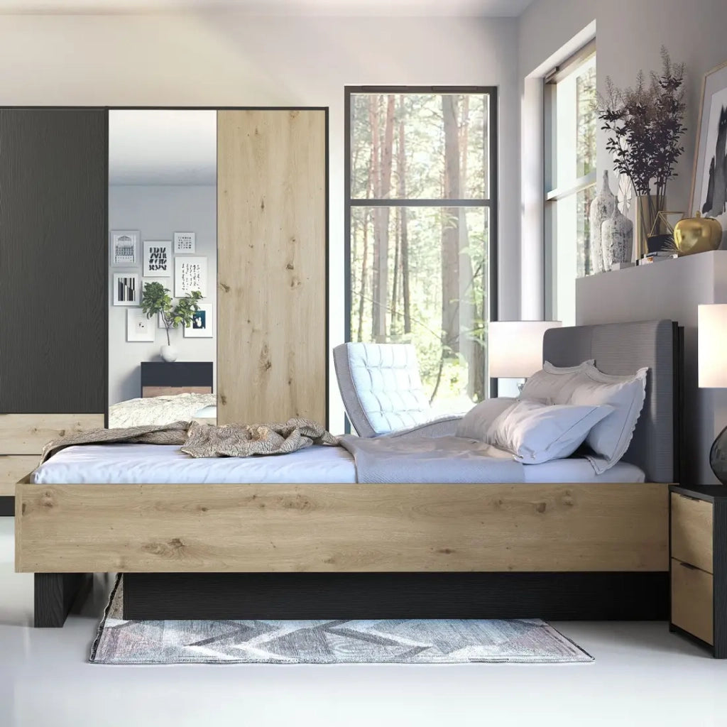 Letto contenitore MELODY 160x200 cm – Testiera imbottita – Nero grafite e rovere chiaro – 5 colli