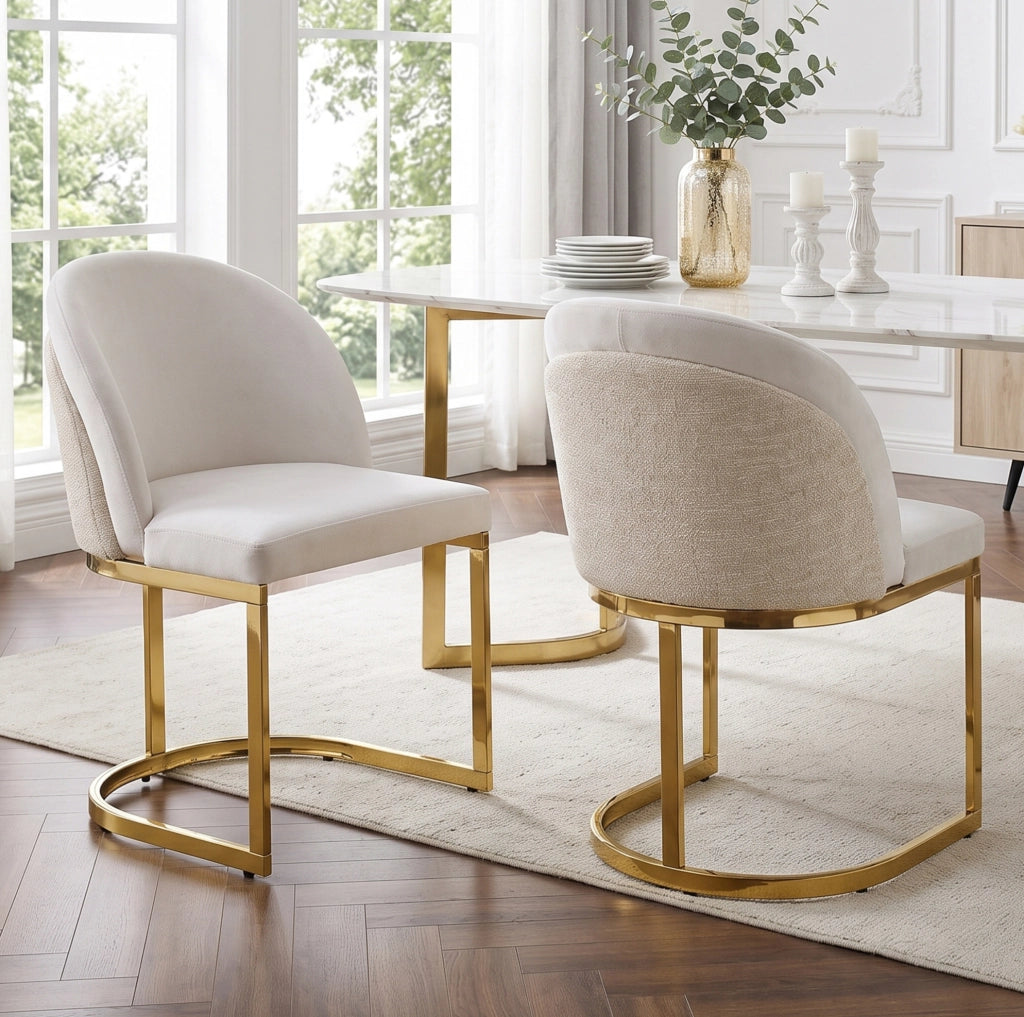 Set 2 sedie da pranzo in chenille beige e oro