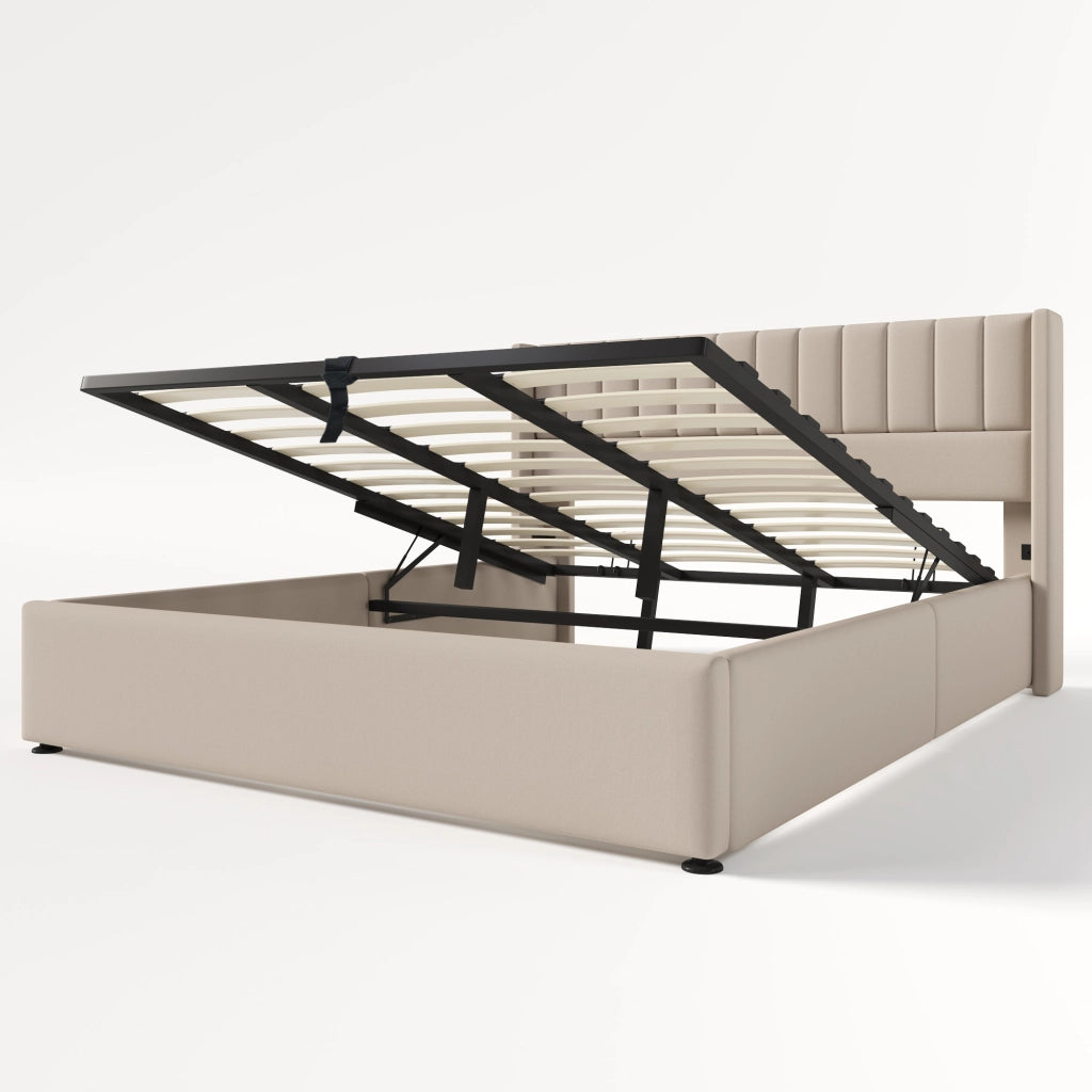 Letti contenitori 180x200 cm; sollevamento idraulico; lino; beige (Senza materasso)