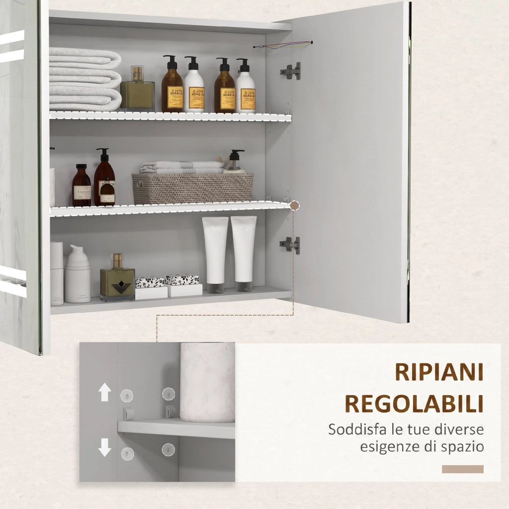Specchio da Bagno Contenitore con Luce LED 80x15x65 cm Anta Soft Close Dimmerabile a 3 Colori Bianco Lucido