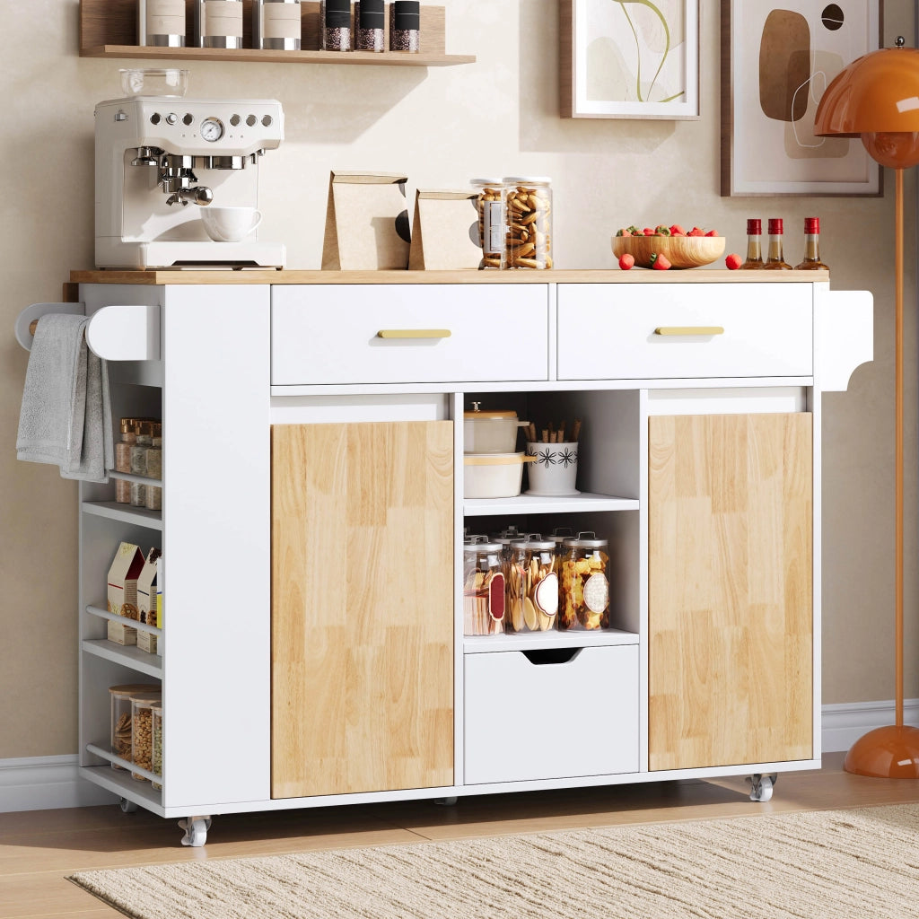 Isola da cucina mobile con piano ribaltabile e ruote bloccabili in MDF bianco
