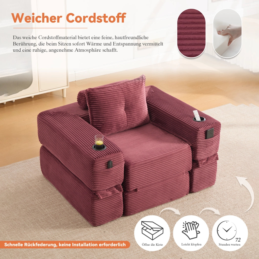 Divano letto modulare con tasche laterali e portabicchieri in velluto a coste rosso vino 122 × 98 × 80 cm