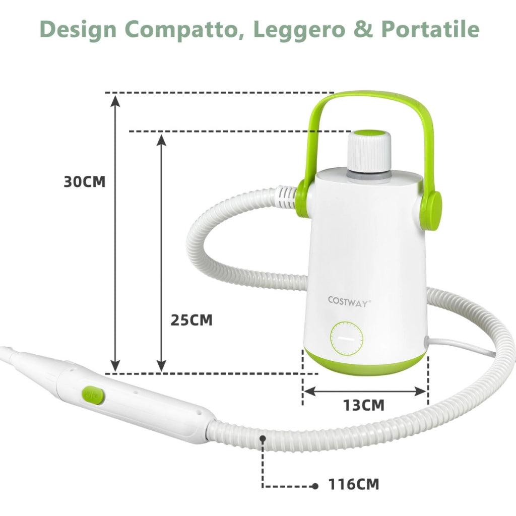 Pulitore a vapore multiuso con 10 accessori serbatoio da 300 ml e tubo flessibile, Macchina a vapore Verde-Elettrodomestici pulizia