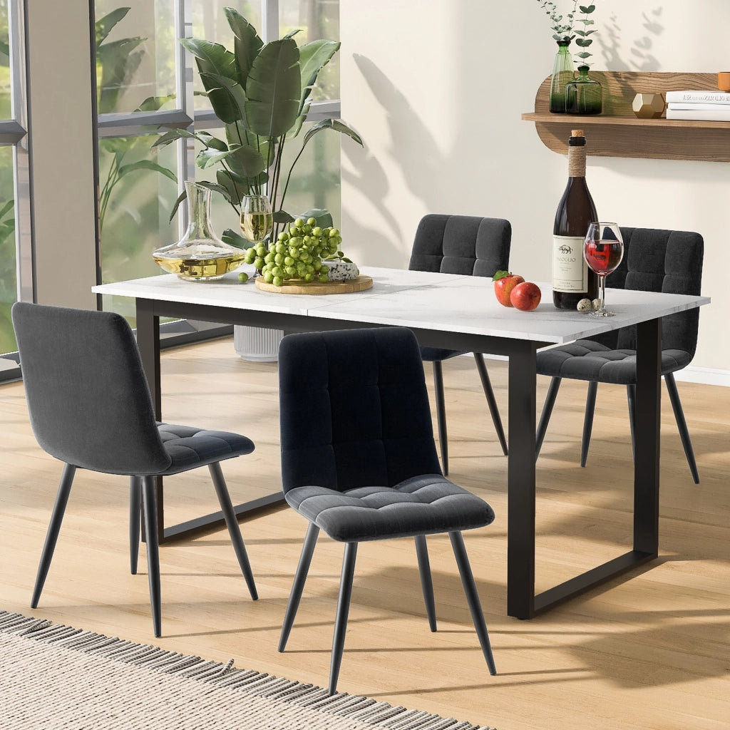 Tavolo da pranzo allungabile con 4 sedie imbottite, piano in MDF bianco, gambe in metallo, per cucina e sala da pranzo