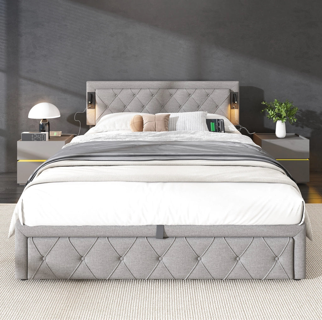 Letto contenitore 160 × 200 cm con LED; USB e rete a doghe; lino grigio