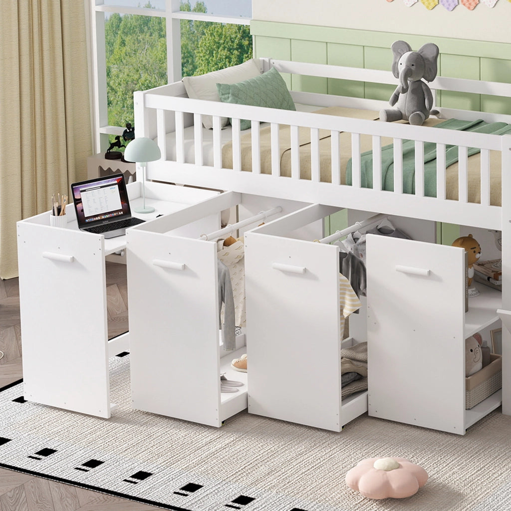 DESMIU Letto a castello 90 × 200 cm 2 posti con scrivania, armadio e vani, senza materasso, bianco