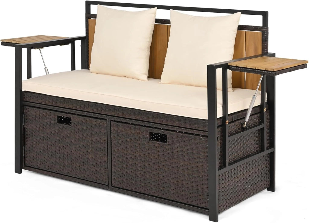 Divano da Giardino 2 Posti, Panchina da Esterno in Rattan PE con Contenitore, Cuscini Imbottiti e Tavolini Pieghevoli, Salotto da Giardino per Balcone e Terrazza, 120 x 51 x 82 cm (Grigio)