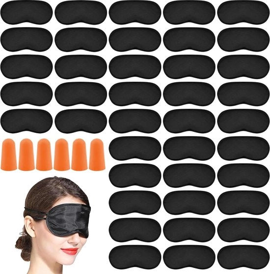 40 maschere da sonno in poliestere con elastici per viaggi e lavoro - uomo donna bambino - inclusi 20 cuffie auricolari arancioni - nero
