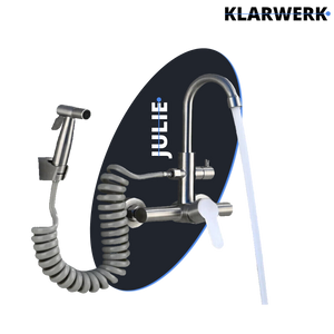 JULIE | rubinetto miscelatore da parete catering argento | professionale da cucina in acciaio inox con doccetta | ristorante da parete bocca alta