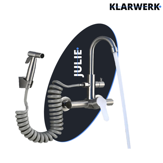 JULIE | rubinetto miscelatore da parete catering argento | professionale da cucina in acciaio inox con doccetta | ristorante da parete bocca alta