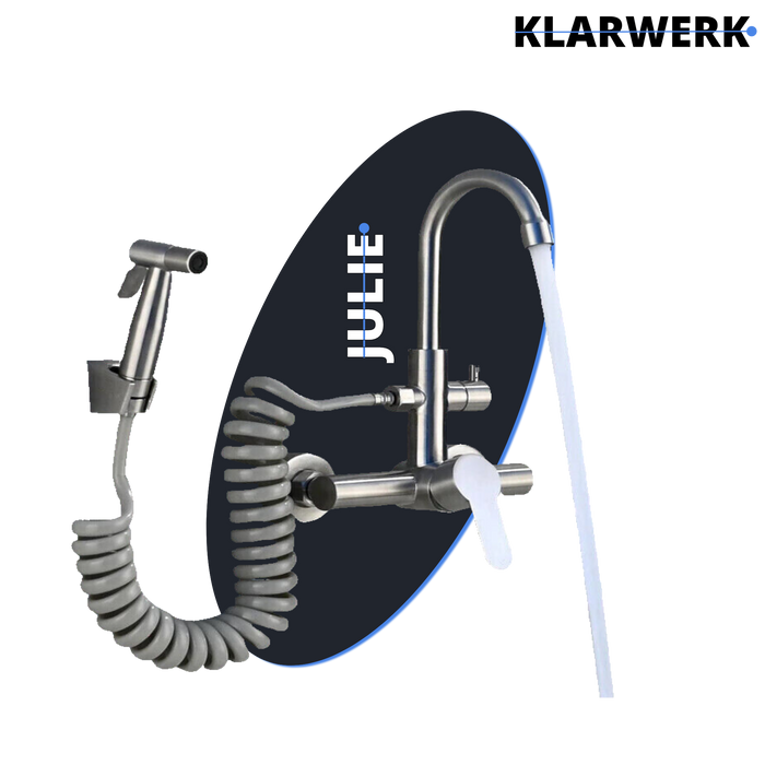 JULIE | rubinetto miscelatore da parete catering argento | professionale da cucina in acciaio inox con doccetta | ristorante da parete bocca alta
