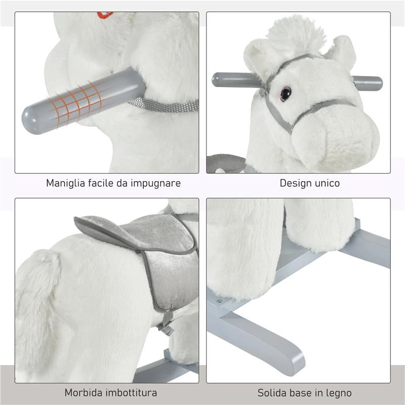CAVALLO A DONDOLO IN PELUCHE E LEGNO CON SUONI E ORSETTO INCLUSO, PER BIMBI DA 18-36 MESI, 65X26X55CM, BIANCO