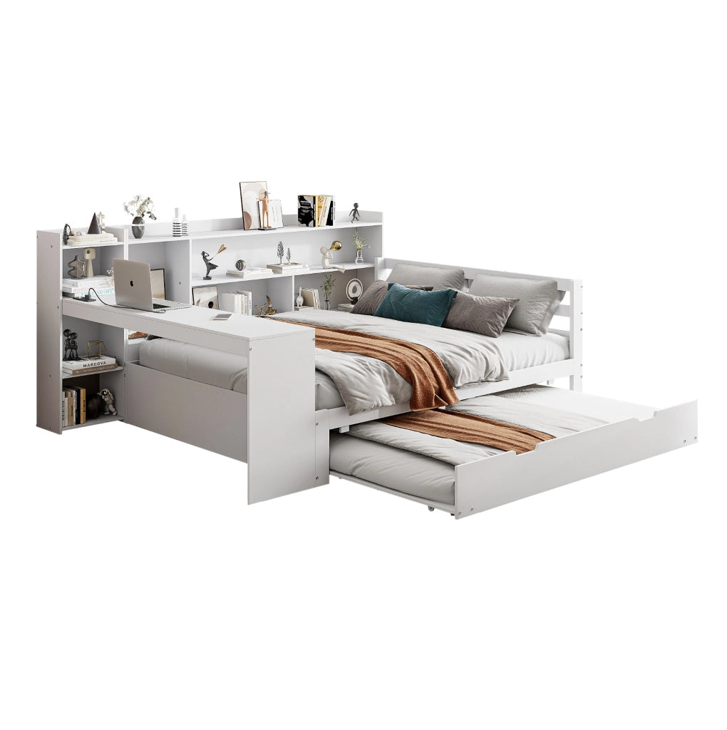 Sofa letto 140x200 cm con letto estraibile; ripiani e presa in legno bianco