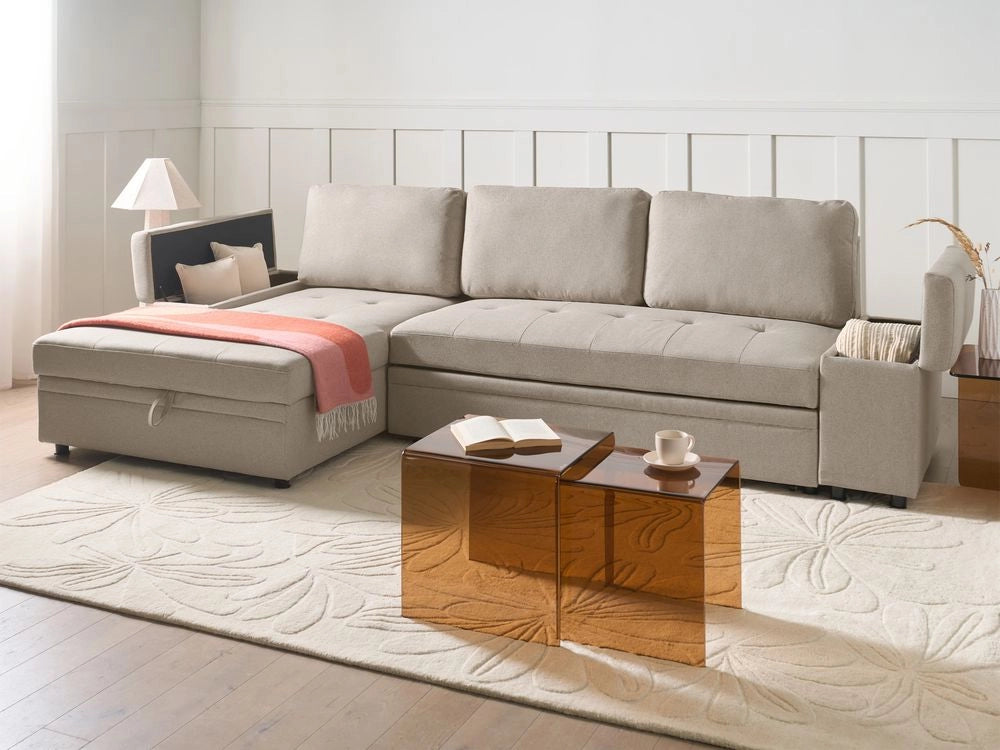 Divano letto angolare in finto lino per mancini con contenitore Cuscini in poliestere Schienale beige lato destro