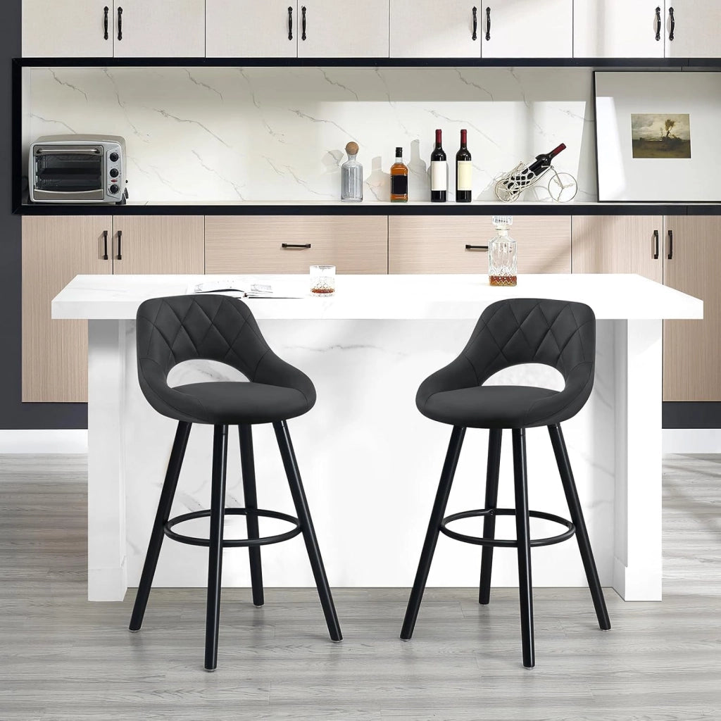 Sgabelli da Cucina Set di 2, Sgabello da Bar per Colazione, Sgabelli Alti con Poggiapiedi e Schienale, Sedile in Tessuto Tecnico+Gambe in Legno, Antracite, BH291an-2