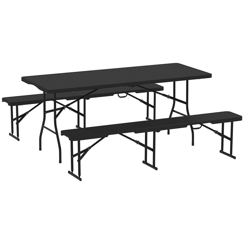 SET DA PIC NIC PIEGHEVOLE A 3 PEZZI CON TAVOLO E 2 PANCHE IN HDPE E METALLO, NERO