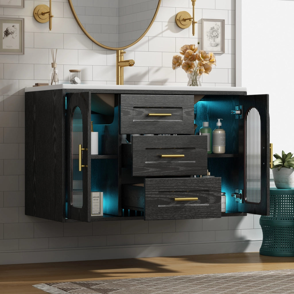 Mobile bagno sospeso con 2 cassetti; 2 vani e LED con lavabo; in MDF e vetro; nero; 76×46×55 cm
