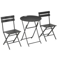 Set da Giardino 3 Pezzi con 2 Sedie e Tavolo Pieghevoli in Acciaio e HDPE, Grigio Scuro