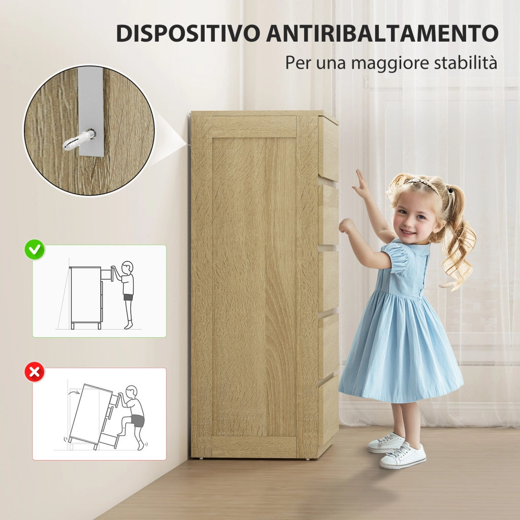 Cassettiera 5 Cassetti in Legno con Guide in Metallo e Maniglie Scanalate, 60x39x100 cm, color Faggio