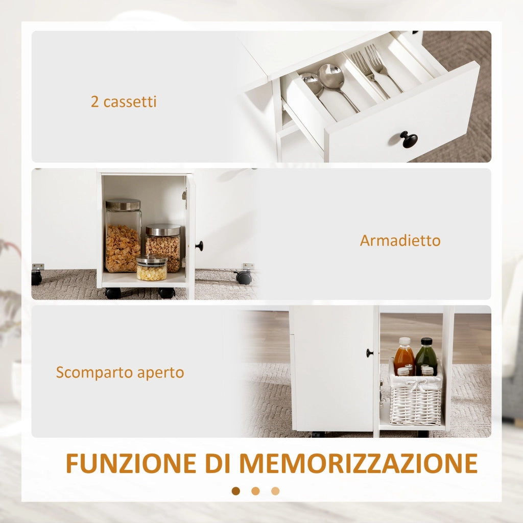 Tavolo a Ribalta per 6 Persone max con 2 Cassetti Armadietto e Ripiano 120x60x76,5 cm in Truciolato Bianco