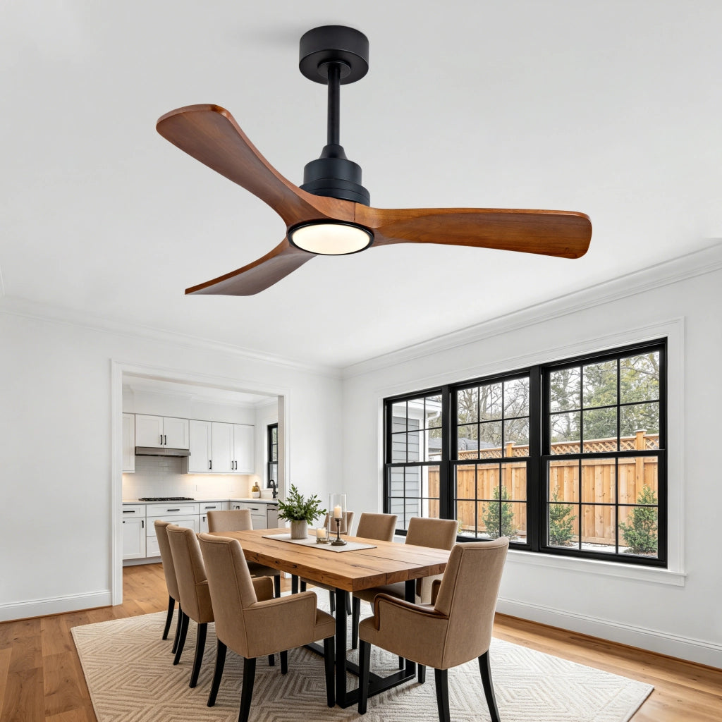Ventilatore da soffitto 42 pollici con illuminazione, 3 pale legno massello, telecomando e wifi, motore DC silenzioso reversibile, moderno