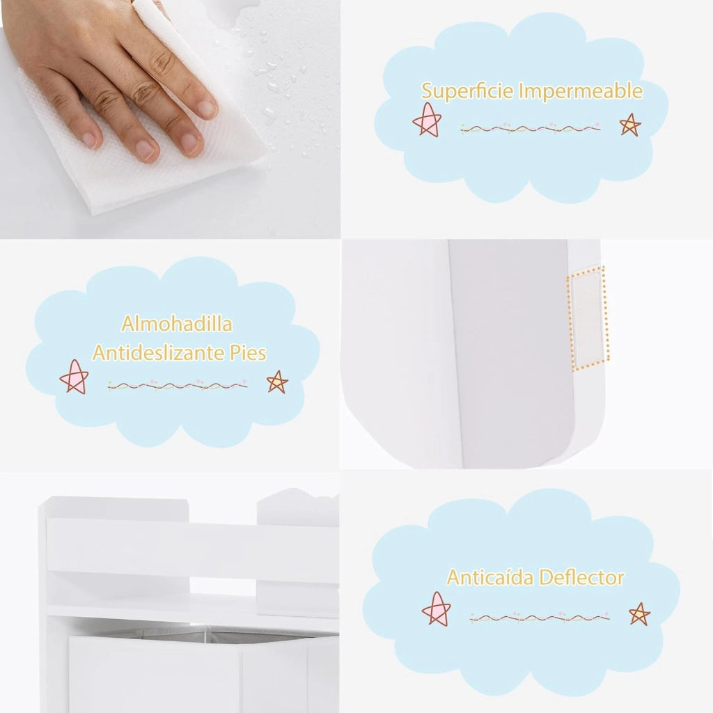 Scaffale per bambini, organizer per giocattoli con 2 scatole e 5 scomparti e 2 ripiani aperti, scaffale per giocattoli, libreria, scaffale bianco, cameretta dei bambini, camera da letto (pirati