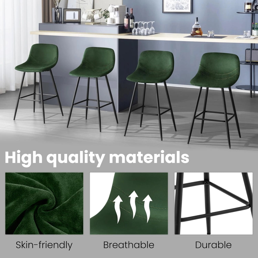 Set di 4 Sgabelli Alto, Sgabello da Cucina Moderno, Sedia da Bar con Poggiapiedi, con Schienale, per Bistrot, Pub, Caffetteria, in Velluto e Metallo, Verde Scuro
