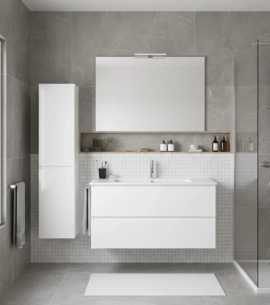 Mobile Bagno LOKI Già Montato 2 cassetti con piedini, lavabo e specchio Bianco lucido 100x40 cm con colonna