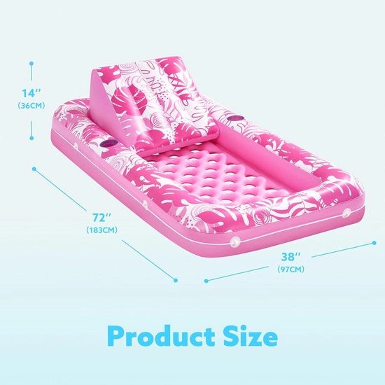 Airbed 180 x 95 cm per adulti | Piscina gonfiabile con tappeti per bicchieri e schienale regolabile | Rosa - Ideale per piacere estivo e feste acquatiche