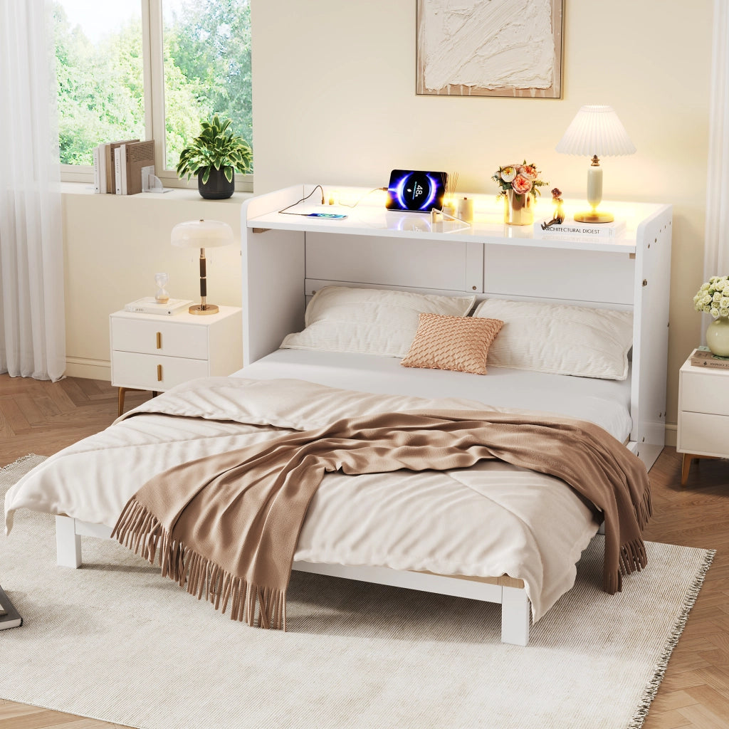 LETTO a scomparsa 140x200 cm con cassetti, USB, presa, LED, bianco