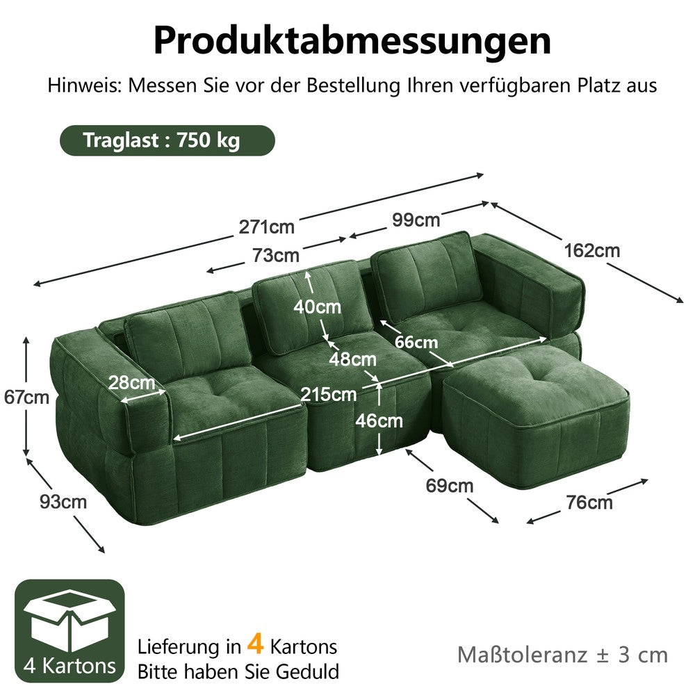 Divano angolare 3 posti con poggiapiedi ¨C Minimal ¨C Verde tessuto imbottito