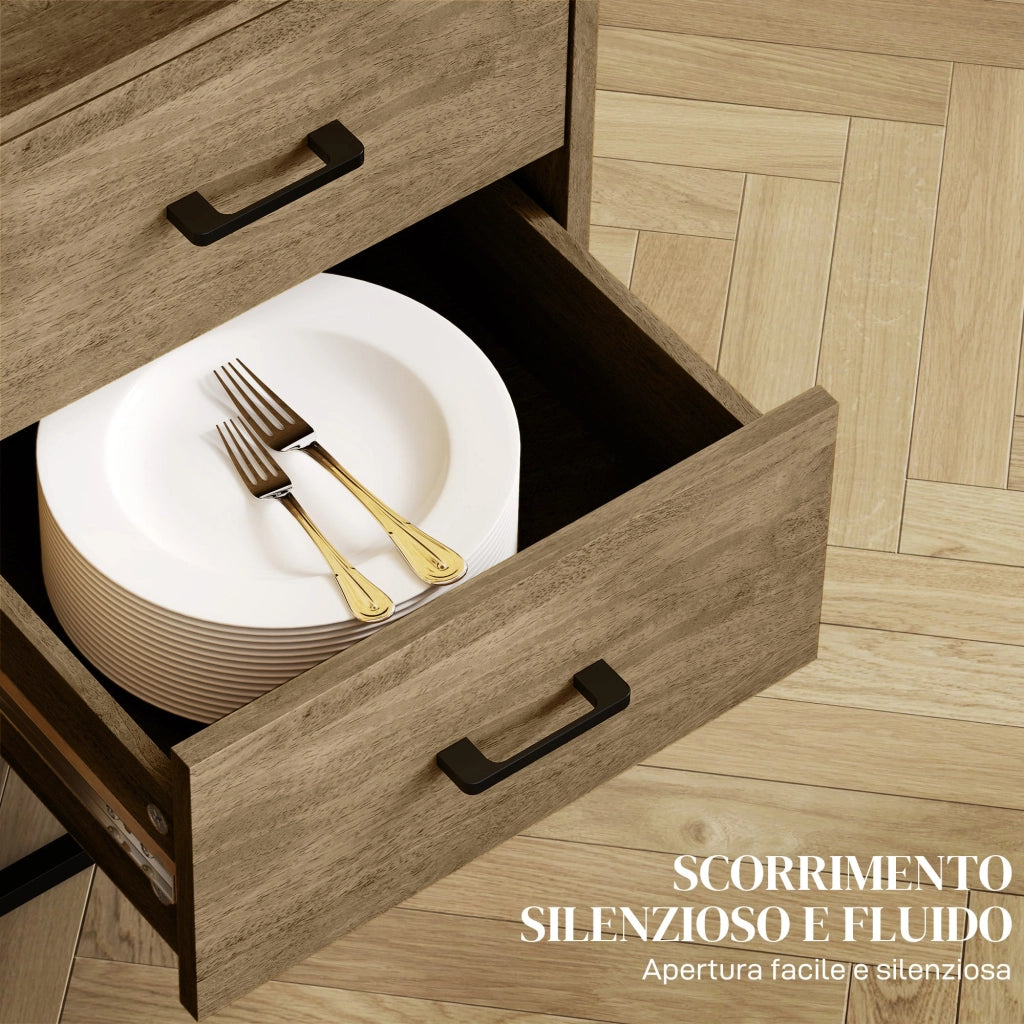 Credenza Mobile Basso Multiuso Armadietto Cassetti e Vani a Giorno  80x40x78 cm in Legno e Acciaio Marrone